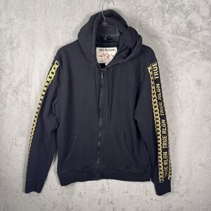 True Religion Hoodie Mens‎ Large Black Full Zip Sweatshirt Gold Chain Sleeve